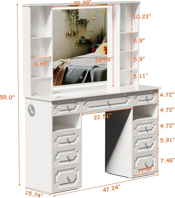 Vanity Desk with Mirror and Lights,Makeup Vanity Desk with Facial Mask Box, Dressing Table with Bluetooth Speaker, Makeup Vanity Set with Wireless Charger, 9 Drawers and 10 Shelves (White)