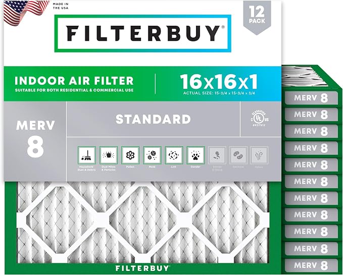 Filterbuy 16x16x1 Air Filter MERV 8 Essential Dust & Allergy Defense,