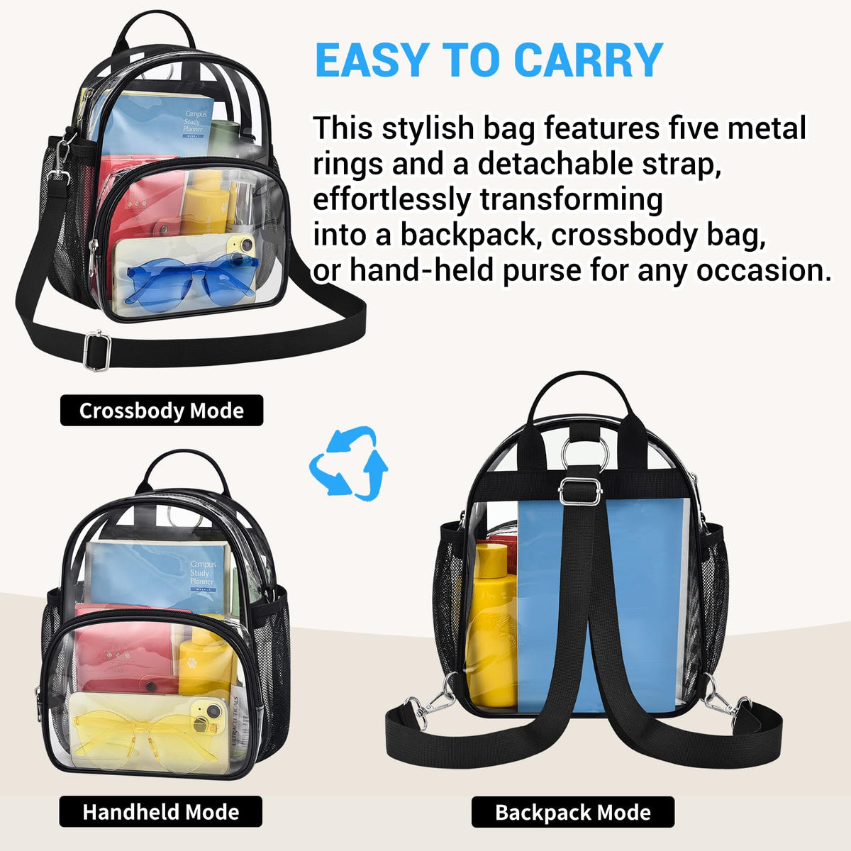 Higuyst Small Clear Backpack for Women - Concerts, Stadium Events Convertible Crossbody Bag with Side Mesh Pockets