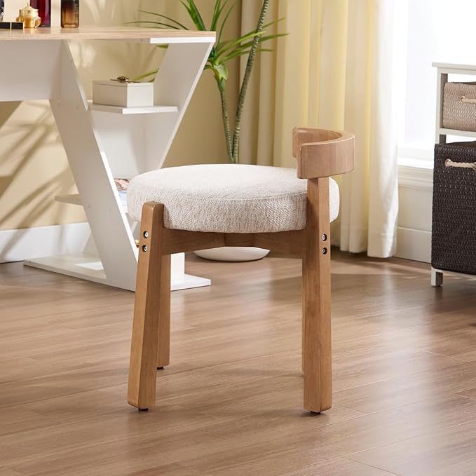 DUOMAY Modern Chenille Vanity Stools Set of 2, Upholstered Low Back Ottomans with Solid Wood Legs Cute Round Footrest Makeup Stools Dressing Seat for Living Room Bedroom, Beige