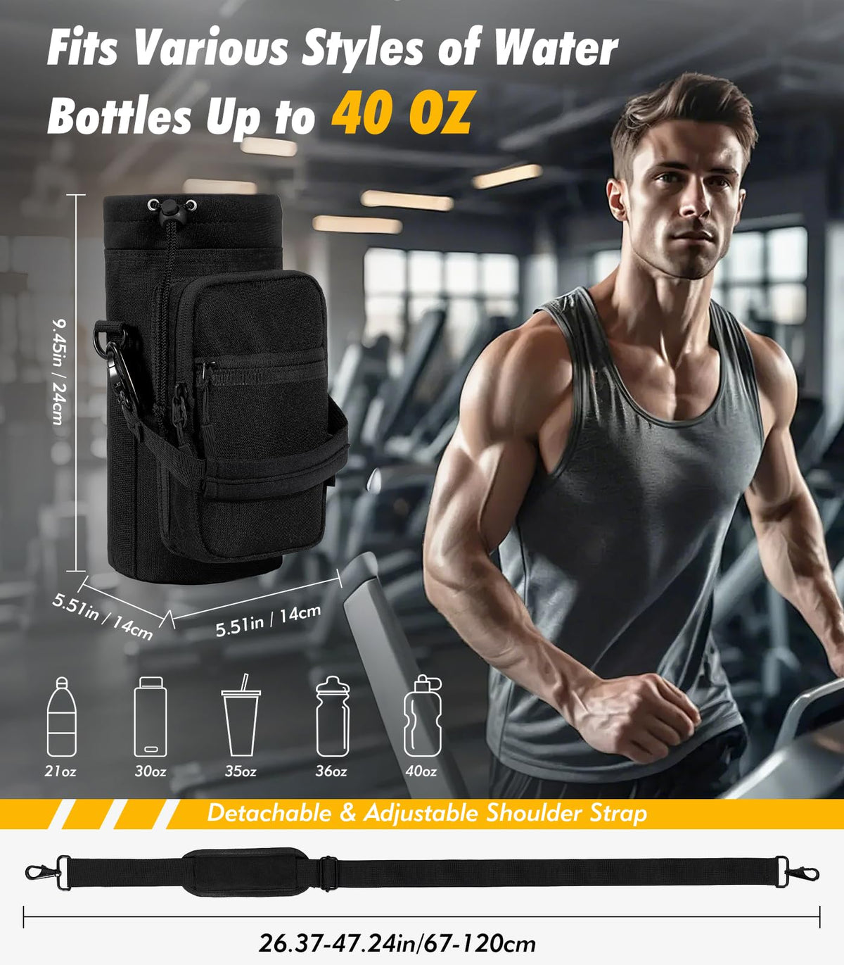 Nuovoware Magnetic Gym Bag Water Bottle Carrier Holder with Adjustable Shoulder Strap, 40oz Magnets Magnetic Gym Bag Bottle Pouch Sling, 2 Pocket Sling Neoprene Organizer Sleeve, Camouflage Green