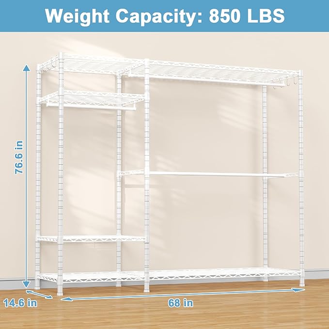 Ulif F7 Plus Garment Rack, Heavy Duty Clothes Rack, Clothing Racks for Hanging Clothes, 6-Tiers Freestanding Portable Closet Storage Rack 68'' W × 14.6'' D × 76.6'' H, Max Load 850 Lbs, White