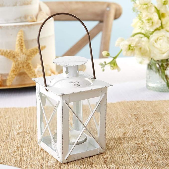 Kate Aspen Rustic Shelf Decor Luminous Vintage Tea Light Votive Candle Holders Metal Mini Decorative Lantern, Distressed White (Pack of 2)
