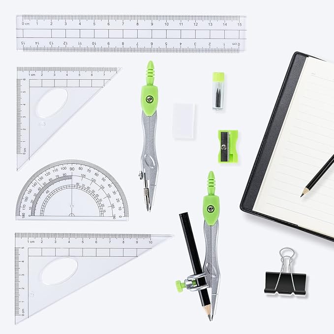 10 Pieces Math Geometry Kit Set with Shatterproof Storage Box, Student Supplies Includes Rulers,Protractor,Compass,Pencil Sharpener,Lead Refills,Pencil,Eraser for School and Drawings
