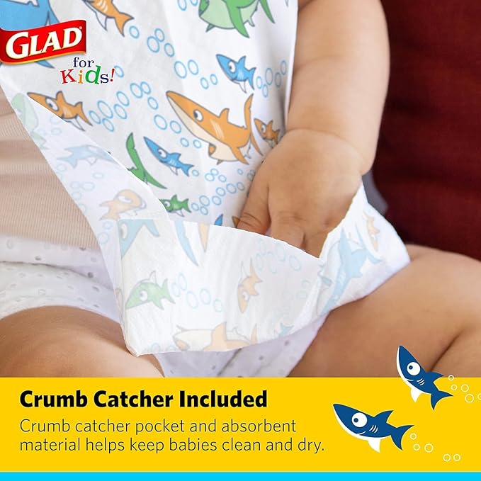 Glad for Kids Shark Disposable Paper Bibs with Crumb Catcher, Absorbent Leakproof Bibs for Toddlers and Babies, Mess Free Feeding, Crafts, Parties, and Travel Use, 30 Count - 24 Pack