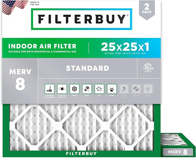 Filterbuy 25x25x1 Air Filter MERV 8 Essential Dust & Allergy Defense,