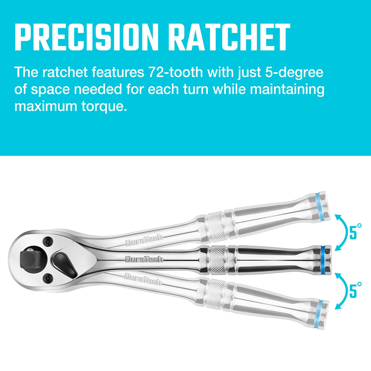 DURATECH 3-IN-1 Ratchet Handle, 1/4 ", 3/8 ", 1/2" Drive Ratchet Wrench, 72-Tooth, Reversible Switch, Full-Polished Chrome Plating, Alloy Steel