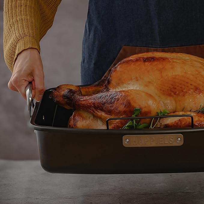 HAPPIELS 13 x 17 inch Roasting Pan with Rack 20-25 lb Nonstick