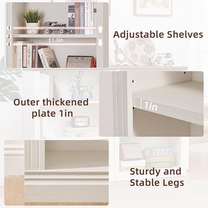 43" White Tall Bookshelf,3-Tier Thick Wooden Book Shelf with Adjustable Shelves,Free Standing Farmhouse Bookcase with Open Display Storage,Floor Vintage Bookshelves for Living Room,Office