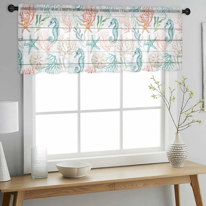 Teal Seahorse Starfish Sheer Valance Curtains, Summer Beach Coral Shell Board
