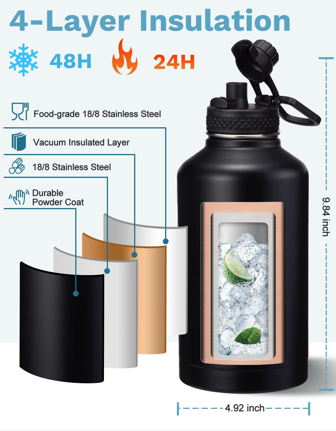 BENZZO 64 oz Water Bottle Insulated Leak Proof Travel Large 1/2 Half Gallon Water Jug Black for Christmas