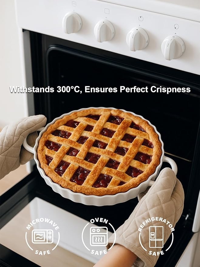 Yamteck 10×2in Deep Ceramic Pie Pan with Handles for Pie Quiche Tart Baking. Easy to grip, Lead-Free. Casserole Lasagna Dish for Thanksgiving Christmas Wedding Gift. Microwave, Dishwasher, Oven Safe