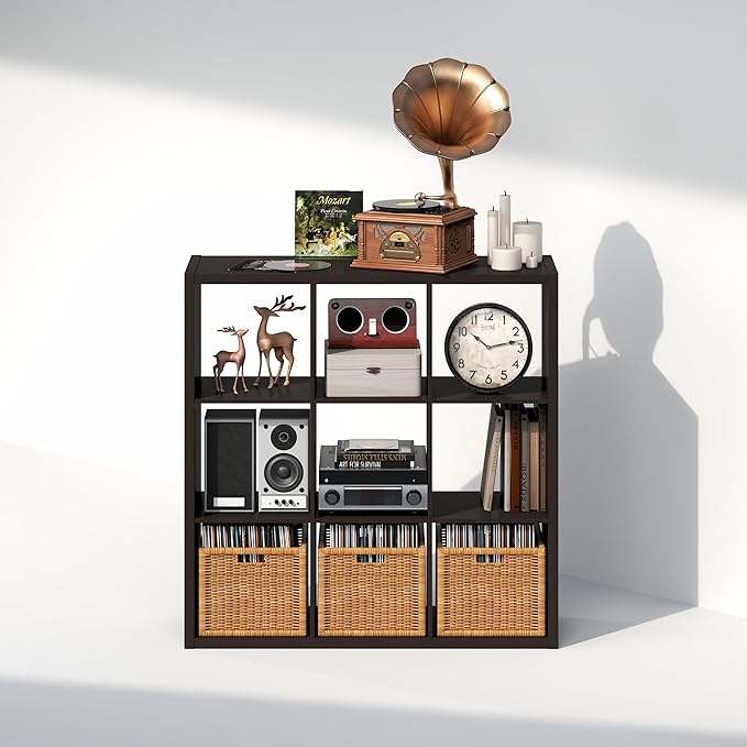 Furinno Cubicle Record Player Stand with Vinyl Storage, 9-Cube 1.2 Extra Thick Vinyl Record Storage, Open Back Media Shelf for CD DVD Blueray Game Disc, for Living Room, Home Office, Black Dark Oak