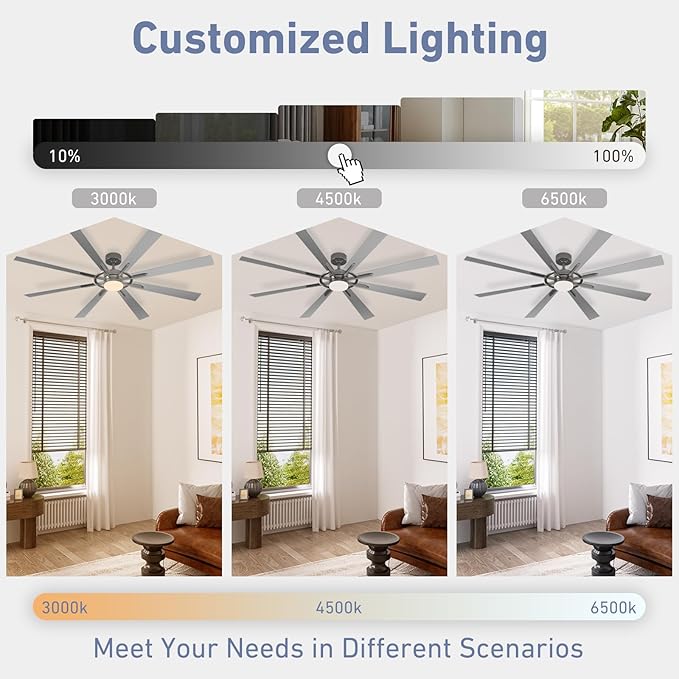 72 Inch Smart Ceiling Fan with Light and Remote, Silver Ceiling Fan with Quiet Reversible DC Motor, Control Via WiFi Alexa App, 3CCT Dimmable Large Indoor/Outdoor Ceiling Fans for Patio Garage