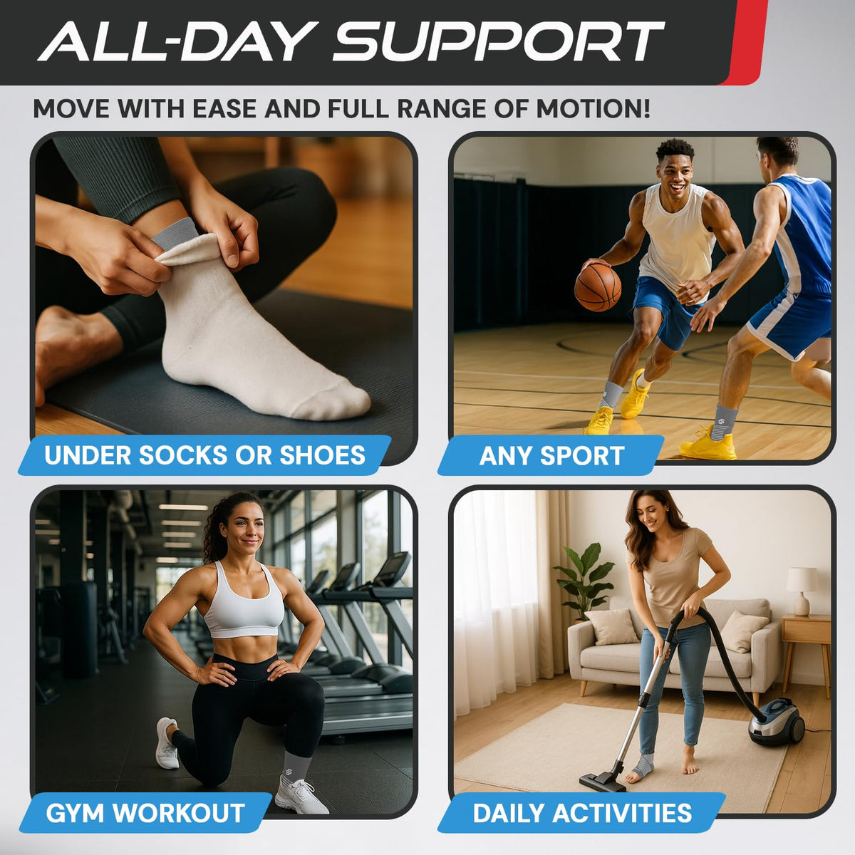 Sleeve Stars Ankle Brace for Women & Men, Ankle Wrap for Sprained Ankle, Compression Sleeve for Plantar Fasciitis Relief, Easy Customizable Support: w/Removable Strap (Single/S:9"-10"/Gray)