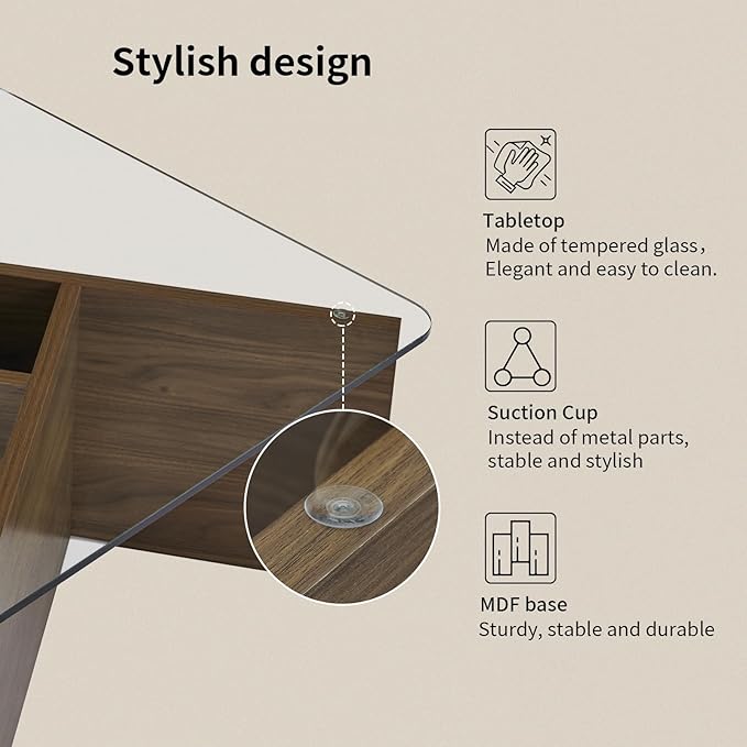 LKTART 31.5" Glass Coffee Table, MDF Mid-Century Modern Square Coffee Table with Tempered Glass Top, Square Center Tables for Small Space Living Room Office Apartment, Walnut