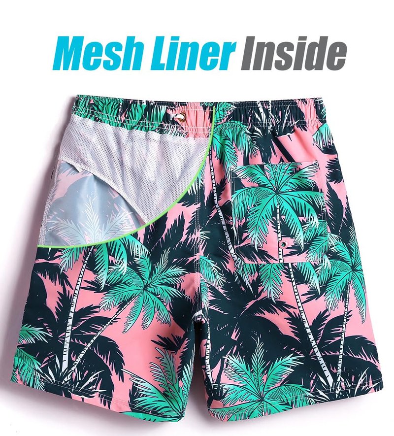 maamgic Mens Swim Trunks Quick Dry Swim Shorts with Mesh Lining Funny Swimwear Bathing Suits 7inch Pink Tree Medium