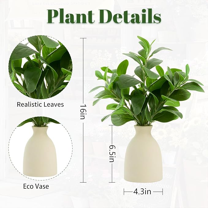 16" Artificial Eucalyptus Stems Potted Plant Indoor Fake Plants - Realistic Greenery with Vase, Small Artificial Office Desk Plants in Pots for Home Decor Weddings Centerpieces
