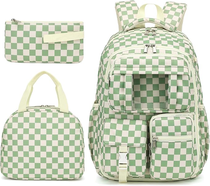 Girls School Backpack Set - Teens Kids School Bag Bookbag with Lunch Box Pencil Case for Elementary Middle School (Checkered Green)