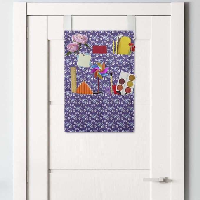 Ambesonne Romantic Hanging Pocket Organizer, Retro Blossom Petals Mini Aster and Daisy Flowers Meadow Rural Flourish, Printed Polyester Storage Bag with Pockets, 14" x 20", Blue Violet and White