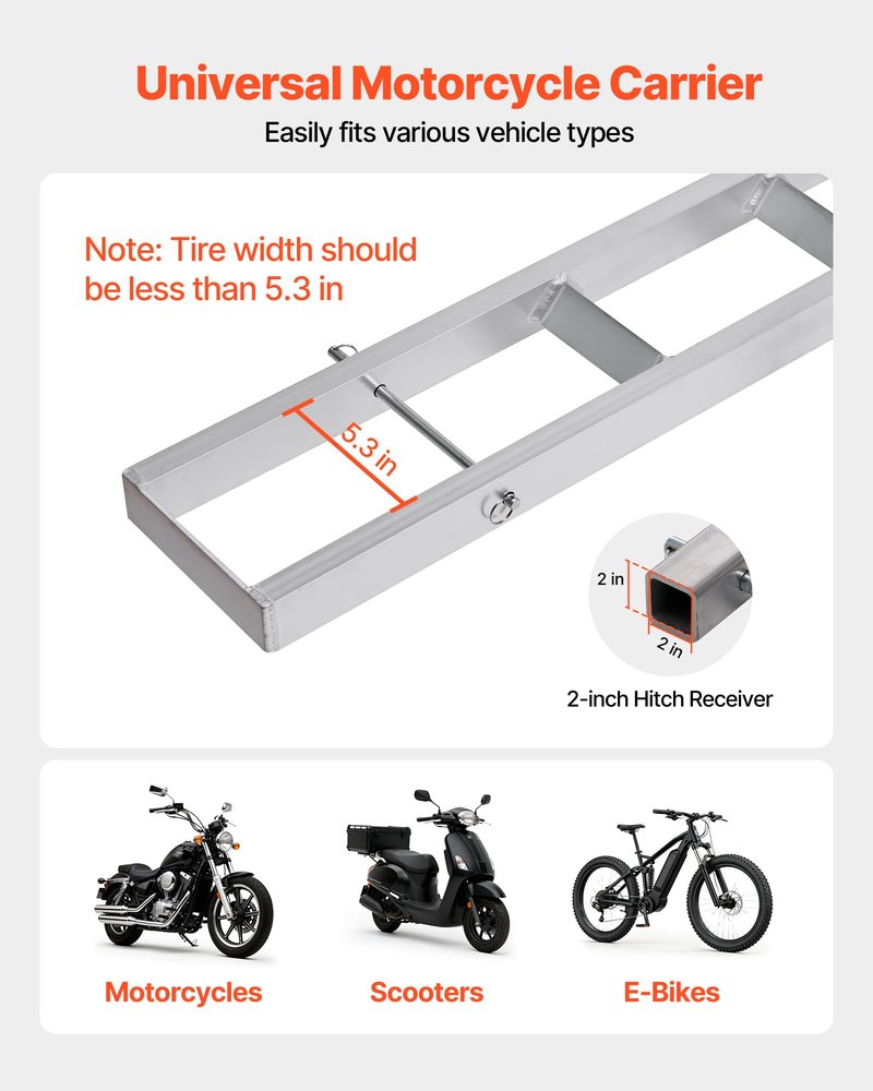 VEVOR Motorcycle Carrier, 400 lbs Capacity, Heavy Duty Aluminum Hitch Mount Rack with 73in Loading Ramp, Straps & Stabilizer, Scooter Dirt Bike Trailer Hauler for Car Truck with 2-Inch Hitch Receiver