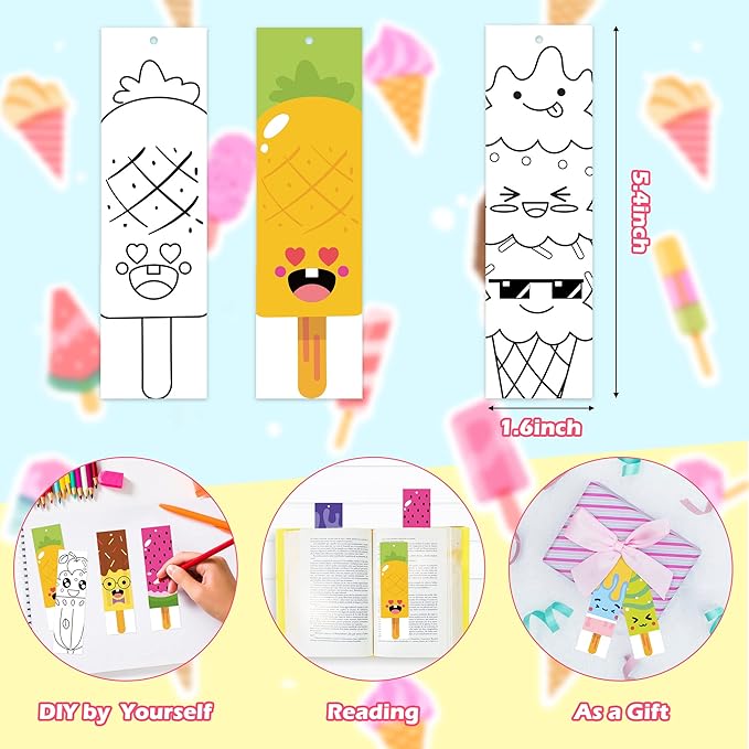 150Pcs Ice Cream Color Your Own Bookmarks for Kids Summer Ice Cream Theme DIY Coloring Blank Bookmark Classroom Art Craft Supplies for Teachers Students Birthday Gift Party Reward Goodie Fillers