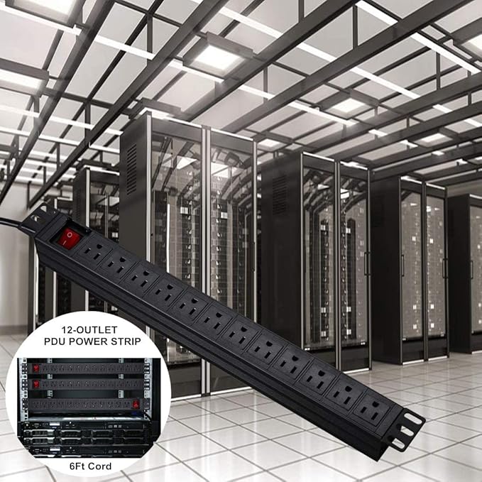 BTU Power Surge Protector Rack-Mount PDU, 12 Outlet Power Strip with Switch, Metal Mountable Heavy Duty for Server Racks, Garage Shop, Industrial Commercial (Black 10FT)