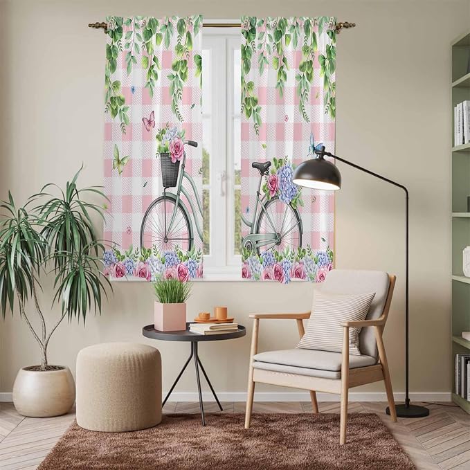 Spring Kitchen Curtains, Bicycles Leaves Butterfly Flowers Pink Buffalo Plaid