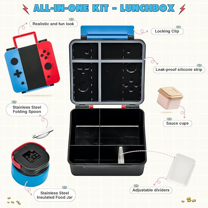FAJSL Game Lunch Box for Kids with Thermo, 9 OZ Stainless Food Jar & Insulated Lunch Bag, BPA-Free Kids Lunch Bento Box with Sauce Cup, Leakproof Lunch Box Set for Boys & Girs, School, Travel