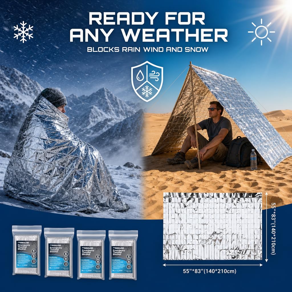 FRONTLINE Mylar Emergency Blankets 54" x 84" | Lightweight Thermal Survival Space Blanket, Waterproof & Windproof Foil Blanket for Camping, Hiking, First Aid & Disaster Preparedness (4)