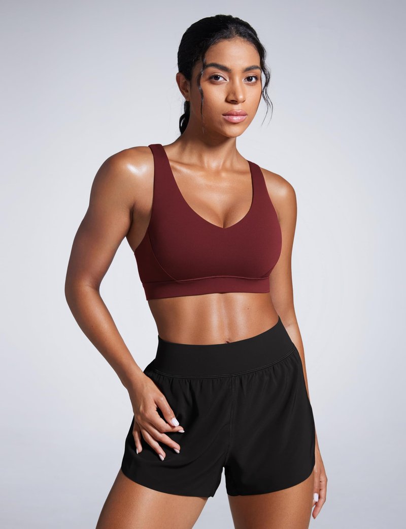 CRZ YOGA Butterbreeze Criss Cross Back Sports Bras for Women - V Neck Adjustable Straps Padded Workout Training Crop Top Red Merlot Medium