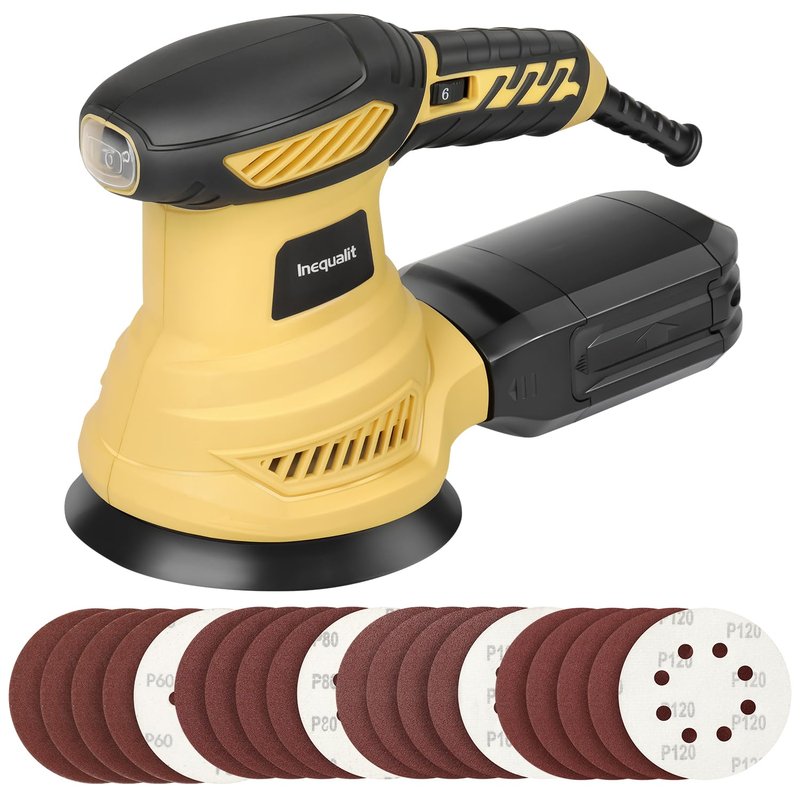 Inequalit Random Orbital Sander, 2.5Amp 4.9-Inch Corded Palm Sander, Max 13000 OPM Electric Drywall Sander with 6 Variable Speed, 20Pcs Sandpapers and Dust Bag for Woodworking, Sanding, Polishing