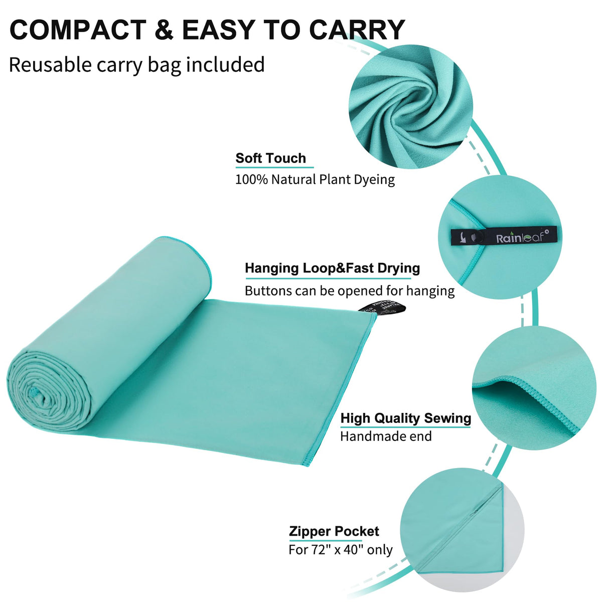 Rainleaf Microfiber Towel Perfect Travel & Gym & Camping Towel. Quick Dry - Super Absorbent - Ultra Compact - Lightweight. Suitable for Trip, Beach, Shower, Backpacking, Pool