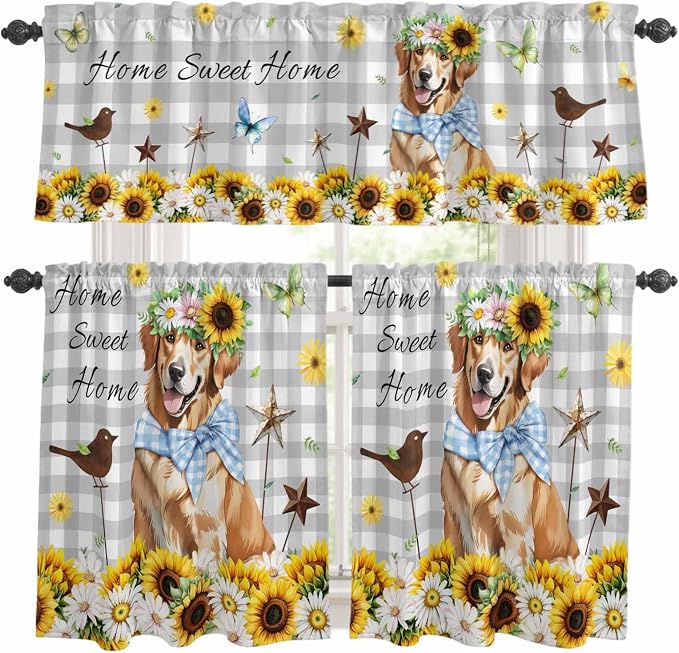 Kitchen Curtains Tiers and Valance Set of 3, Sunflowers Dog Light Filtering