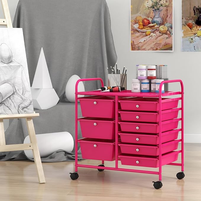 COSTWAY Rolling Storage Cart with 9 Drawer, Mobile Utility Cart with Metal Frame, Art Supply Craft Organizer, Multipurpose Storage Organizer for Paper, Office, School Teacher, Classroom, Hot Pink