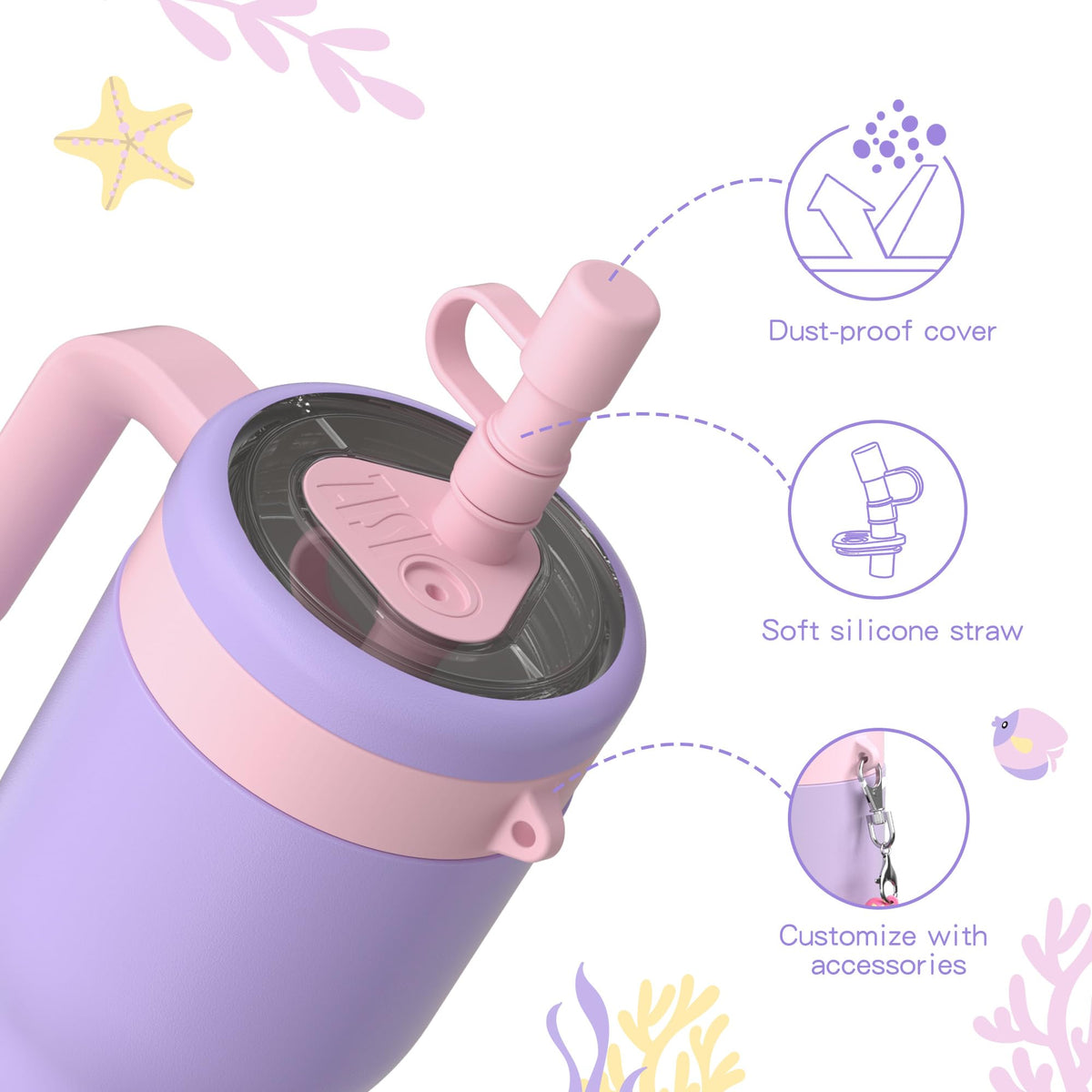 OISIZ 14oz Kids Tumbler with Straw Lid & Handle,Kids Cup with Animal Accessory for School,Kids Water Bottles with Dust-proof Cover,Leakproof Water Bottles,316 Stainless Steel,Keep Cold 24 Hours-purple