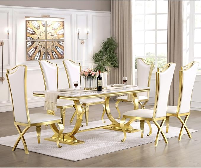 White and Gold Dining Chairs Set of 4, White PU Leather Dining Room Chair with Gold Polished Metal Legs, Glam Upholstered Kitchen Chairs for Dining Room, Kitchen, Living Room