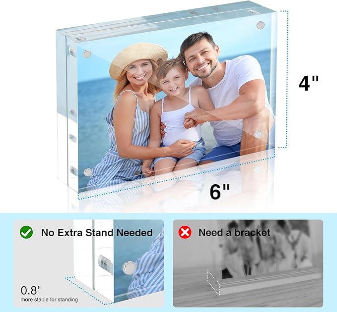HOUSE DAY Acrylic Picture Frames 4x6, 3 Pack Magnetic 4 x 6 Picture Frame, Double Sided Clear 4x6 Photo Frame with Microfiber Cloth, Frameless FreeStanding 4x6 Frame Gift for Desktop Display