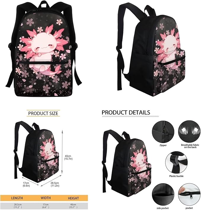 Cherry Blossom Axolotl Backpack for Girls with Lunch Box Pencil Purse 4pcs/set Kids School Bag 1st 2nd 3rd Grade Bookbag Kindergarten Schoolbag Middle School Water Bottle Sleeve