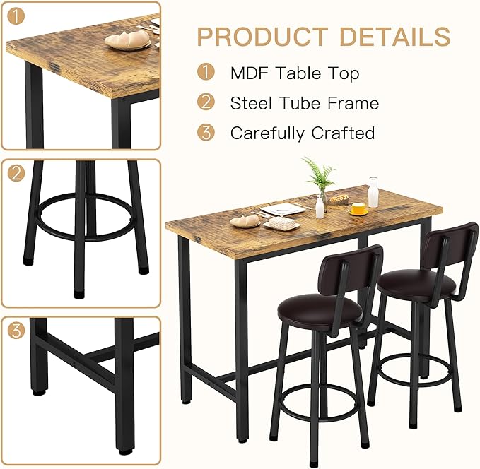 Recaceik 3 Piece Pub Dining Set, Modern bar Table and Stools for 2 Kitchen Counter Height Wood Top Bistro Easy Assemble for Breakfast Nook Living Room Small Space Restaurant, Rustic Brown 39”