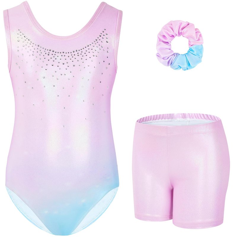 Gogokids Gymnastics Leotards for Girls Sparkly Rhinestone Dance Unitards Biketards with Shorts Activewear, Light Pink, 6-7 Years