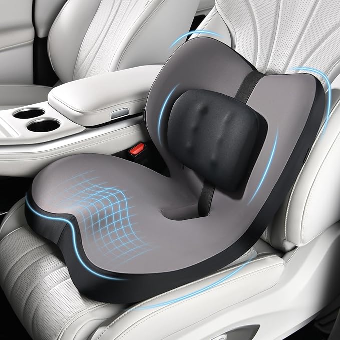 FLORICH 2 in1 Truck Seat Cushion and Lumbar Support Pillow Memory Foam Car Seat Cushion with Adjustable Strap for Truck Driver Long Drives, Fits Semi Truck Seat,Car,Office&Gaming Chair(Black)
