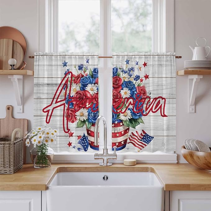 Independence Day Kitchen Curtains 45 Inch Long 2 Panel Set, Rod Pocket Window