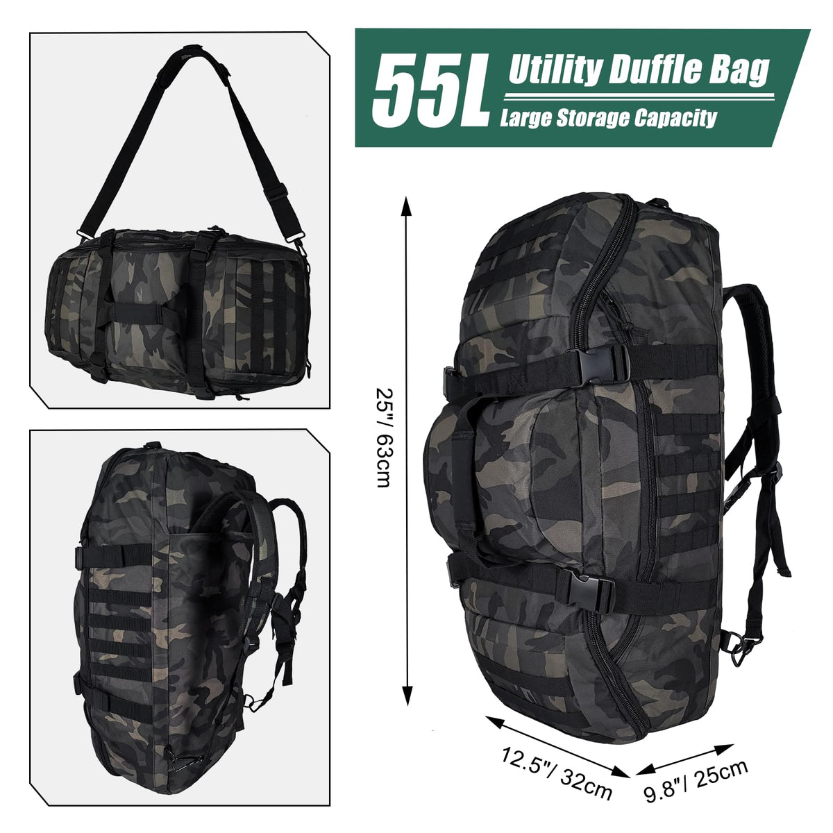 Hannibal Tactical 55L Large Duffle Bag, 3-in-1 Tactical Backpack MOLLE Pack for Gym, Sports, Outdoor, Black Camo