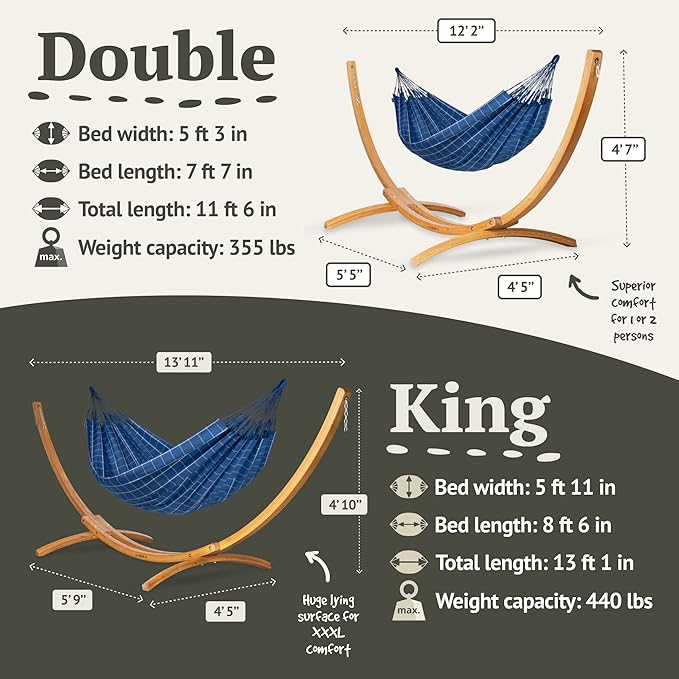 LA SIESTA® - Large Double Brisa Classic Hammock & Elipso Stand - Larch Wood Hammock Stand - Weather & Tear Resistant - Backyard Outdoor Hammock with Stand - 2-Person, Max 355 Lbs, Marine