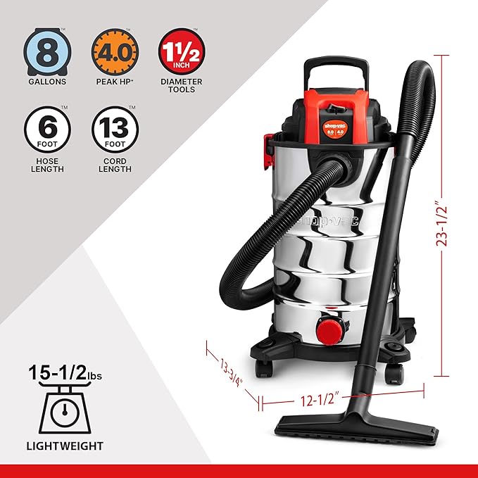 Shop-Vac 8 Gallon 4.0 HP Wet/Dry Vacuum with Blower Function, Stainless Steel Tank, Portable Shop Vacuum with Wheels, Includes Filters, Hose & Accessories, Ideal for Garage and Workshop