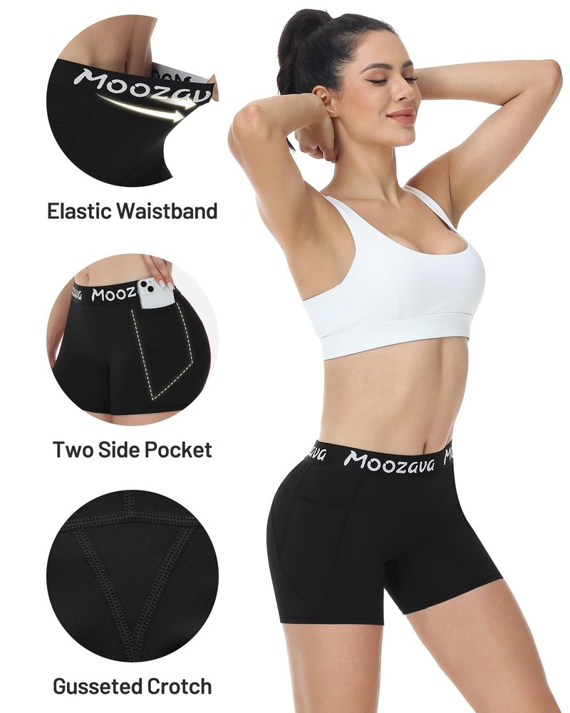 Moozava Womens Spandex Shorts Volleyball Biker Yoga Workout Gym Running Athletic Cheer Booty No Front Seam Compression with Pockets 3" Black S