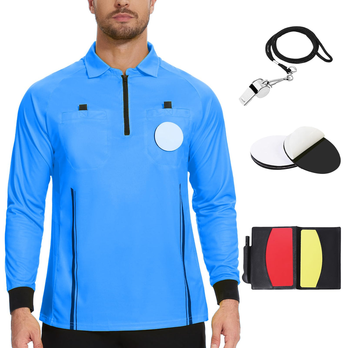 Soccer Referee Shirt Jersey kit Long Sleeve Pro Ref Costume Umpire Uniform with 3 Pcs Replace 3" Round Adhesive Hook & Loop Badge Holder, Referee Wallet with Red Card and Yellow Card Blue S