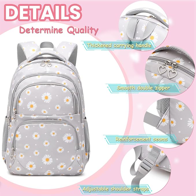 YJMKOI 3Pcs Daisy Prints Backpack for Girls Middle-School Elementary Students Bookbag Set with Lunch Box (Black)