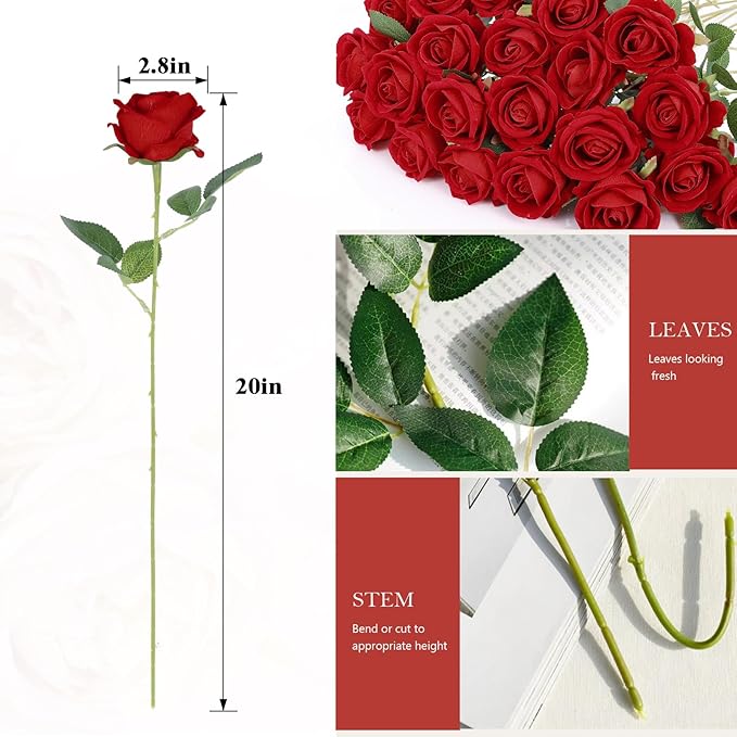 60 Pcs Artificial Roses Bulk Velvet Silk Roses Red Rose Flowers for Wedding Centerpieces Bridal Bouquet Mohter's Day Valentine's Day Christmas Home Decor (60, Red)